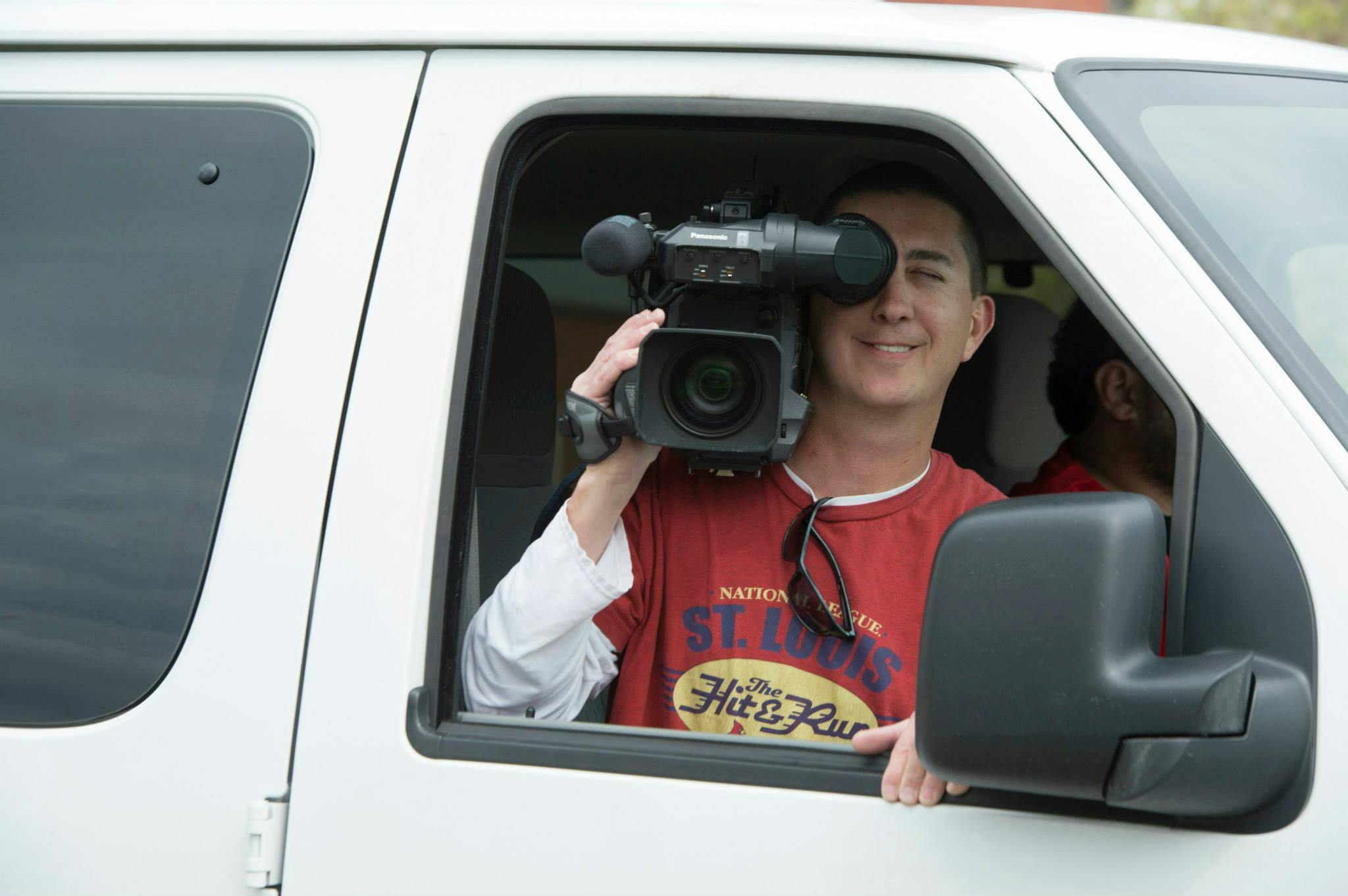 Mike in van with camera